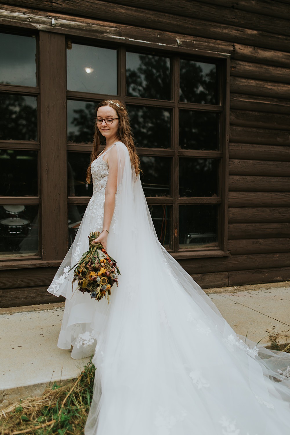 Scout Camp Wedding Rachael Marie Photography Lace Dress Gown Bride Cape Veil