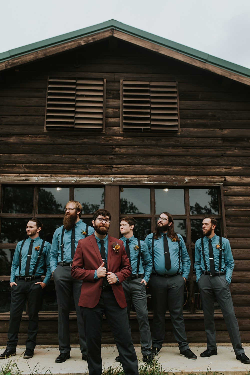 Scout Camp Wedding Rachael Marie Photography Groom Burgundy Suit Blue Shirt Groomsmen Braces