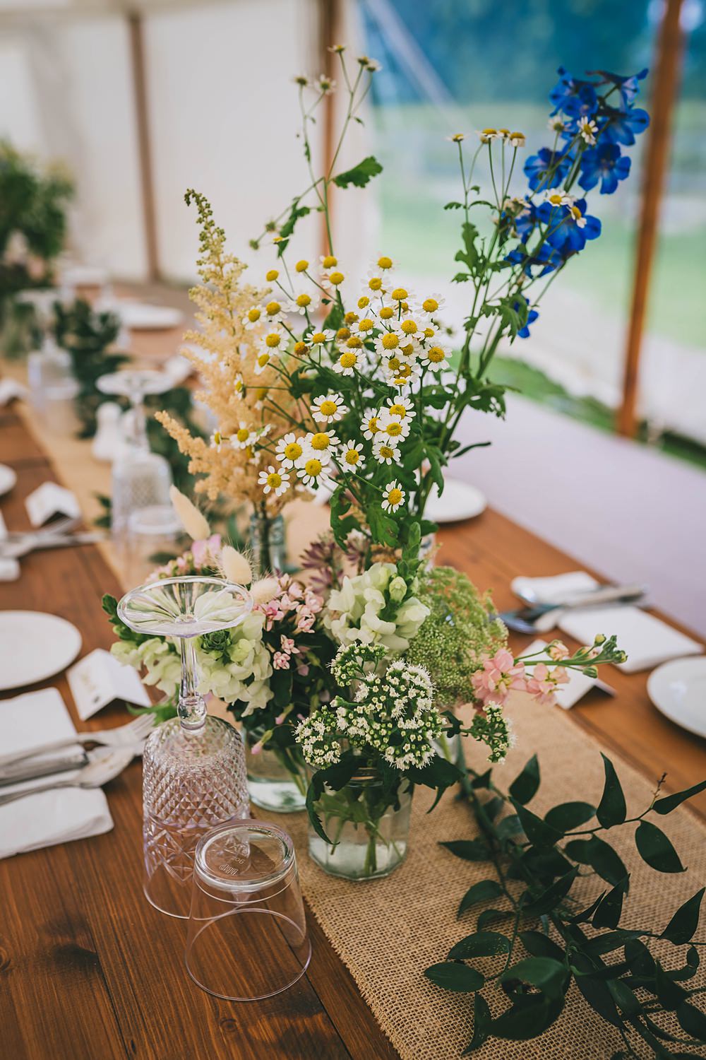 South Yorkshire Farm Wedding Amy Jordison Photography Burlap Hessian Table Runner Wildflowers Centrepiece Decor Marquee