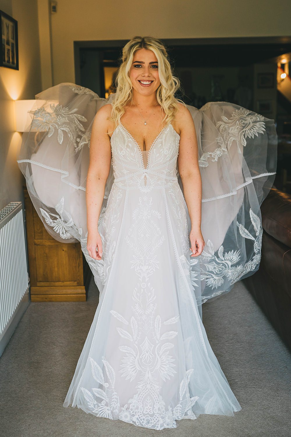 South Yorkshire Farm Wedding Amy Jordison Photography Dress Gown Bride Straps Evie Young Veil