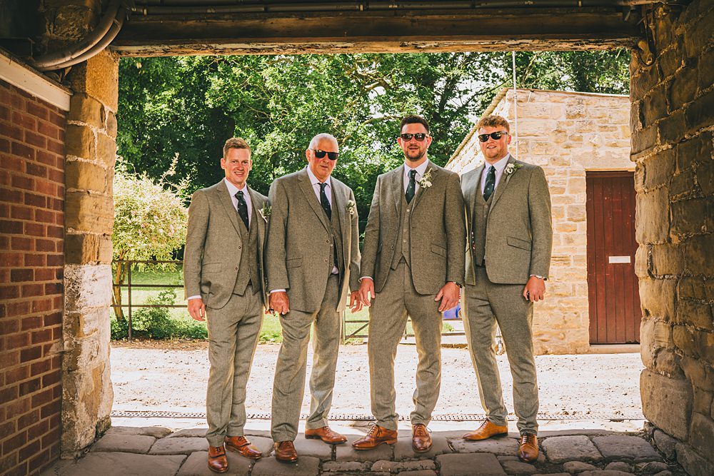South Yorkshire Farm Wedding Amy Jordison Photography Groom Groomsmen Suits Sage Green Herringbone