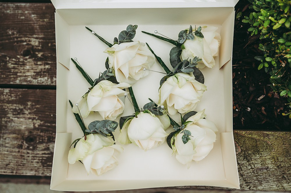 White Gold Wedding Cotswold Pictures Rose Buttonholes Flowers