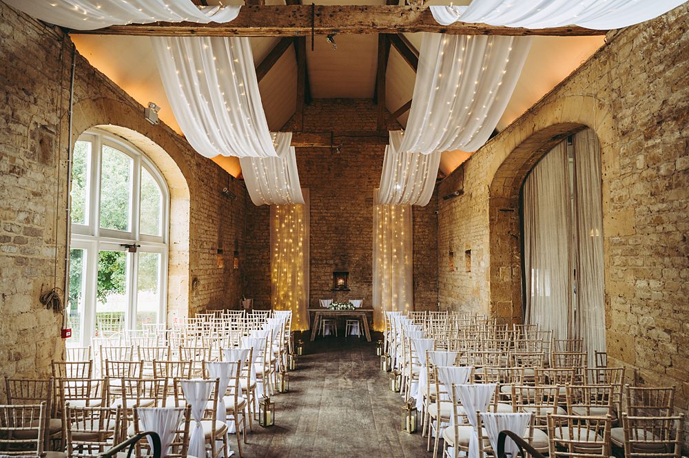 White Gold Wedding Cotswold Pictures Barn Reception Drapes Fairy Lights Decor