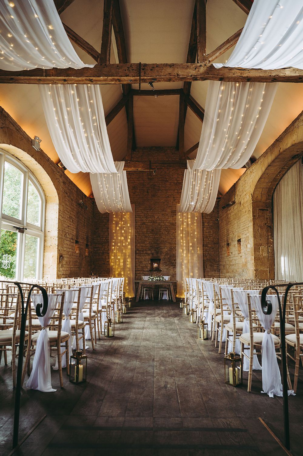 White Gold Wedding Cotswold Pictures Barn Reception Drapes Fairy Lights Decor