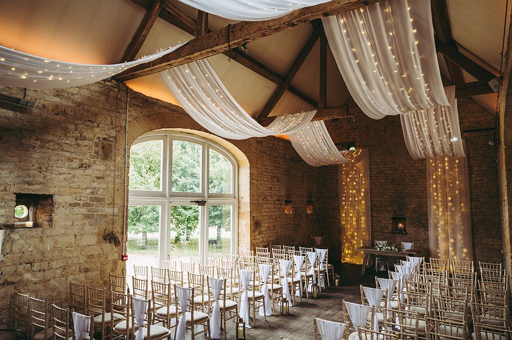 White Gold Wedding Cotswold Pictures Barn Reception Drapes Fairy Lights Decor