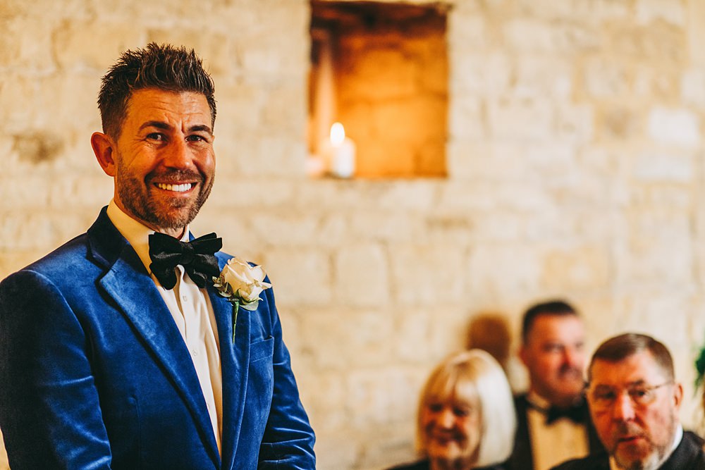 White Gold Wedding Cotswold Pictures Groom Suit Velvet Bow Tie