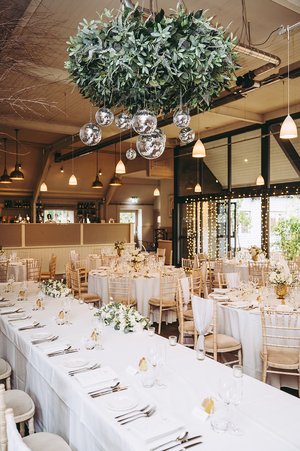 White Gold Wedding Cotswold Pictures Barn Reception Greenery Disco Ball