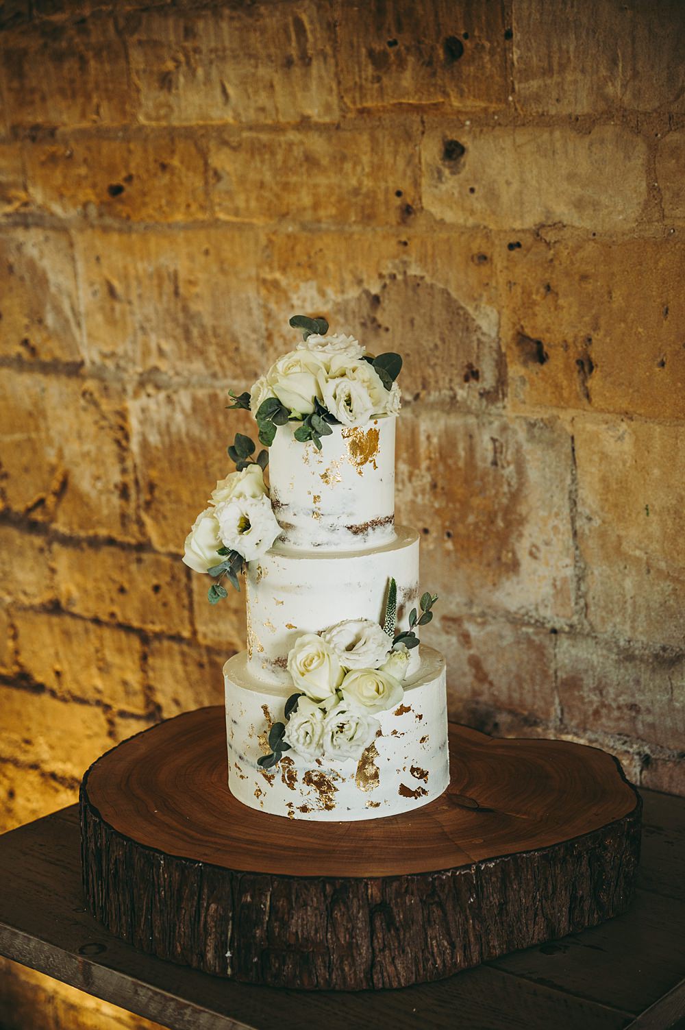 White Gold Wedding Cotswold Pictures Gold Leaf White Rose Semi Naked Cake