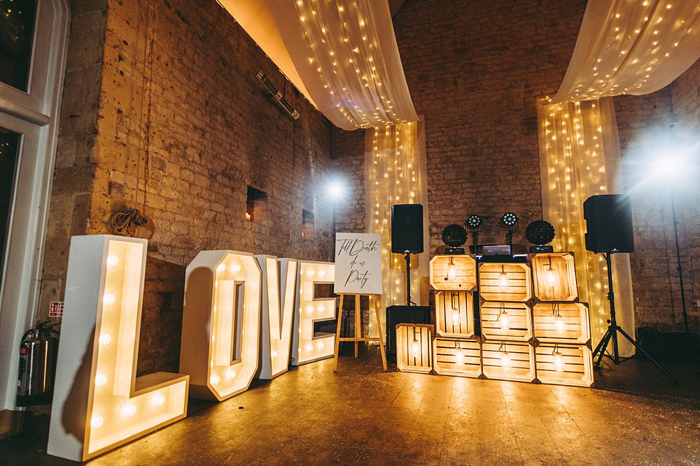 White Gold Wedding Cotswold Pictures LOVE Letter Lights Dancefloor