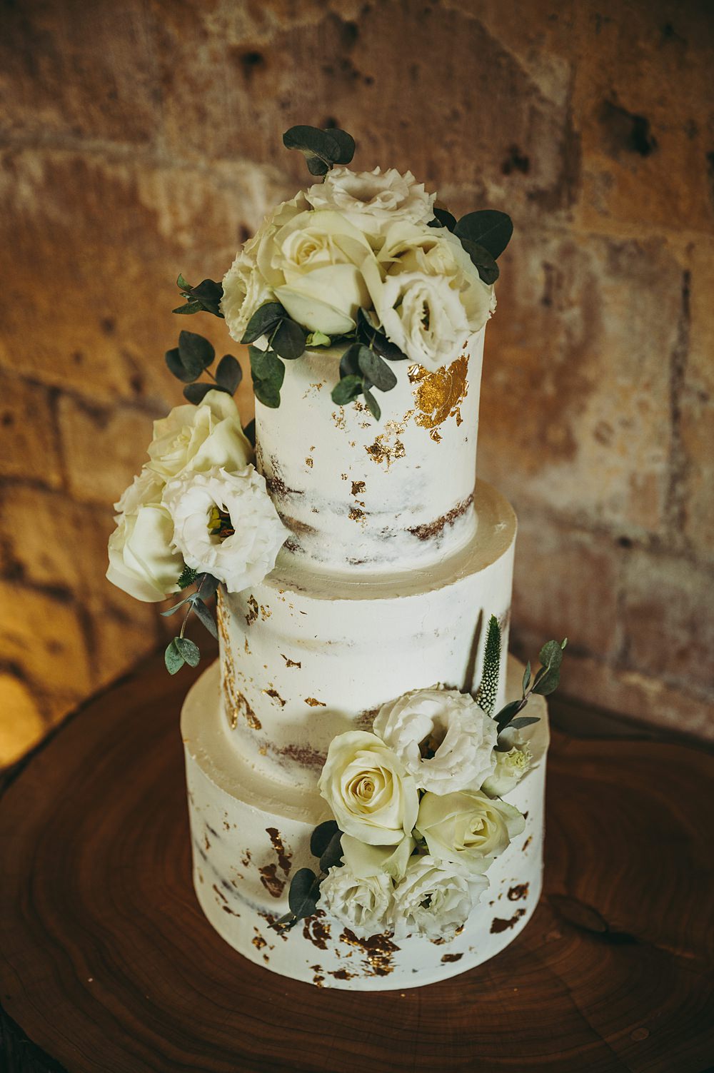 White Gold Wedding Cotswold Pictures Gold Leaf White Rose Semi Naked Cake