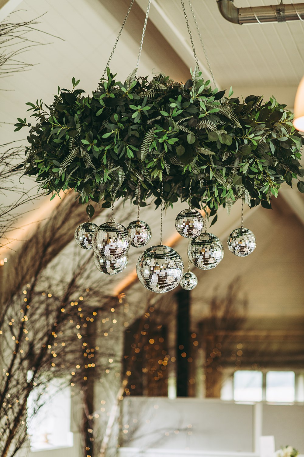 White Gold Wedding Cotswold Pictures Greenery Cloud Disco Ball Barn Decor