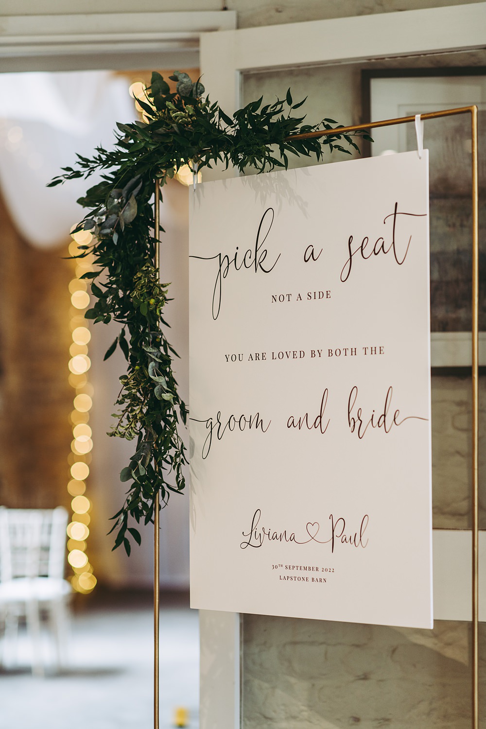 White Gold Wedding Cotswold Pictures Ceremony Sign Greenery Frame