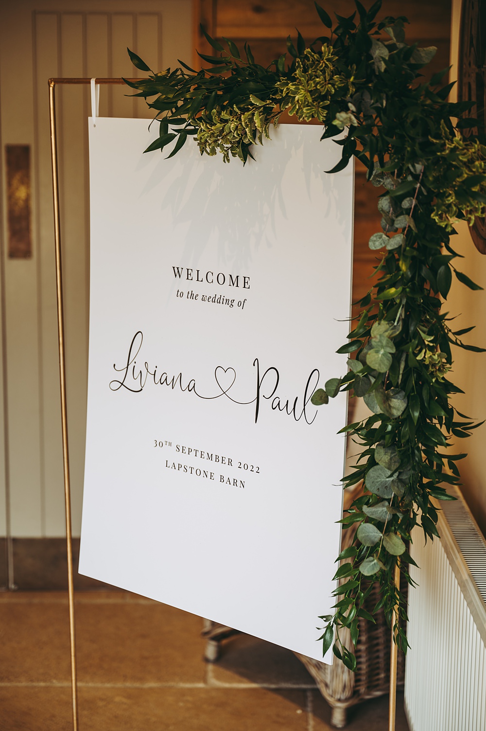 White Gold Wedding Cotswold Pictures Welcome Sign Greenery Frame