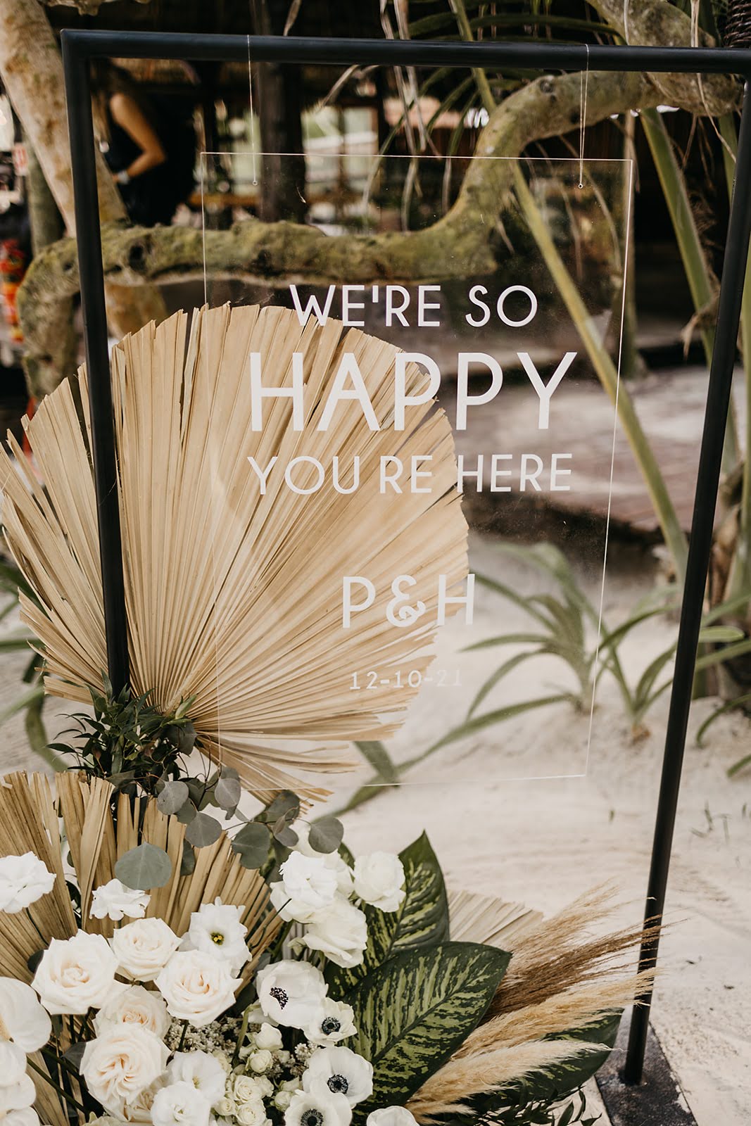Akiin Tulum Wedding Beach Kape Photography Clear Acrylic Sign Flowers Palm