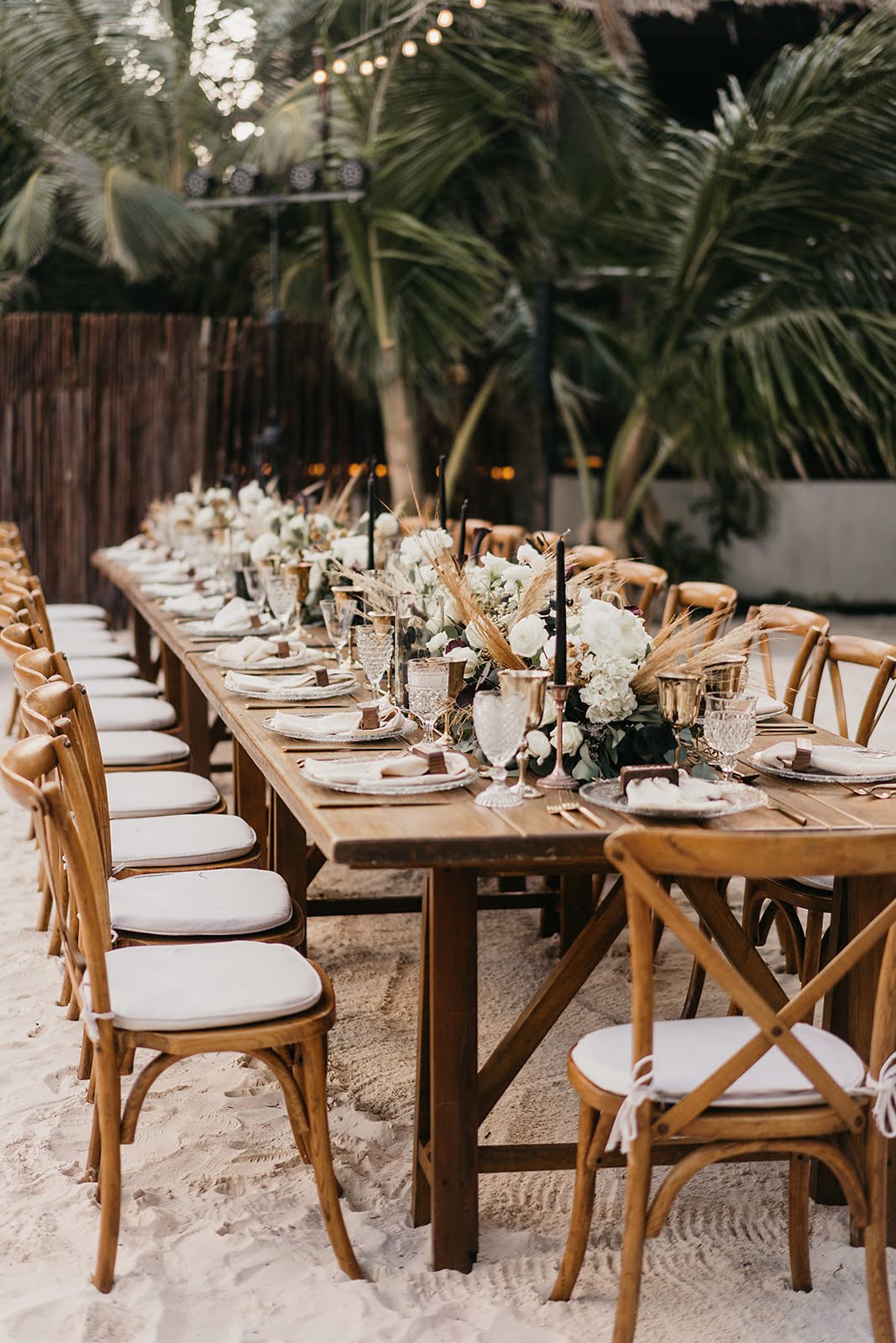 Akiin Tulum Wedding Beach Kape Photography Long Wooden Table White Flowers Pampas Grass Runner Black Candles