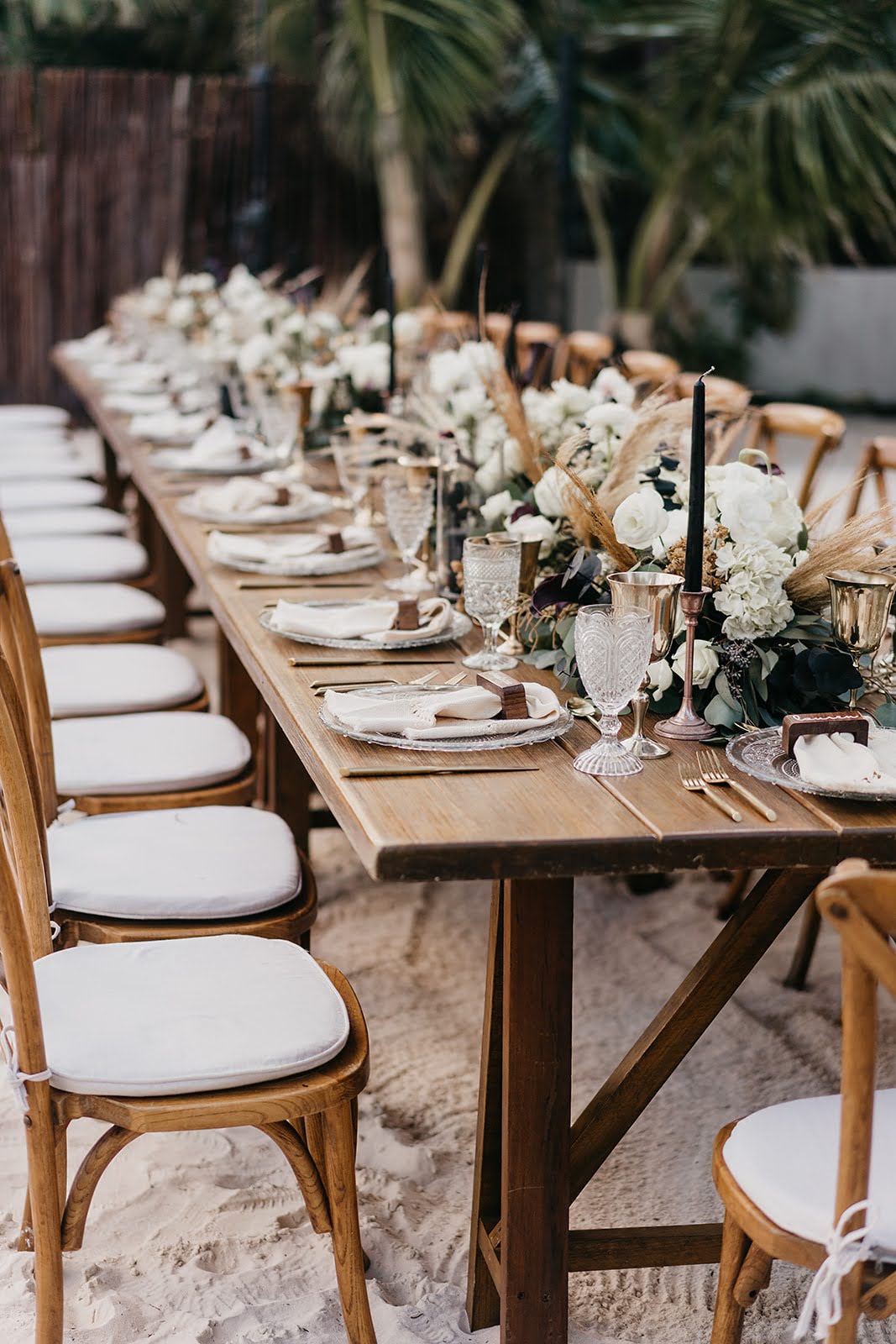 Akiin Tulum Wedding Beach Kape Photography Long Wooden Table White Flowers Pampas Grass Runner Black Candles