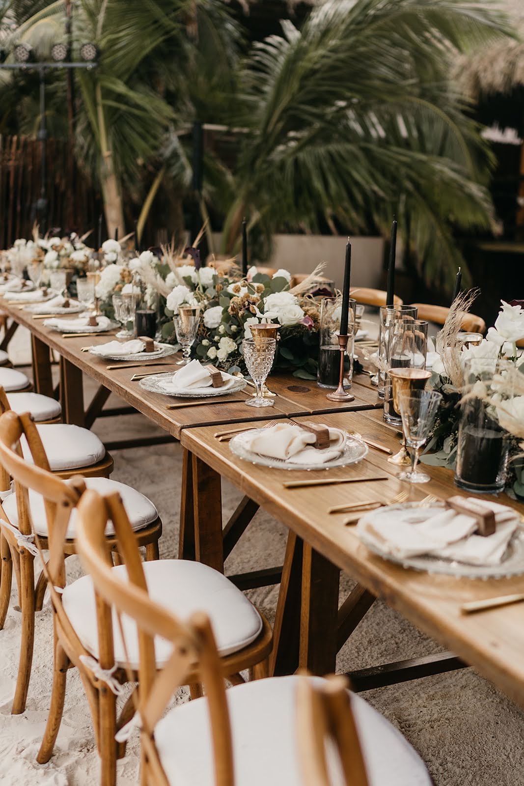 Akiin Tulum Wedding Beach Kape Photography Long Wooden Table White Flowers Pampas Grass Runner Black Candles