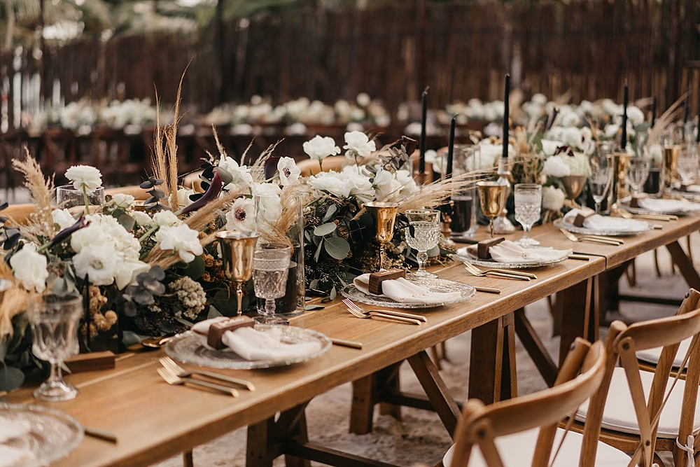 Akiin Tulum Wedding Beach Kape Photography Long Wooden Table White Flowers Pampas Grass Runner Black Candles