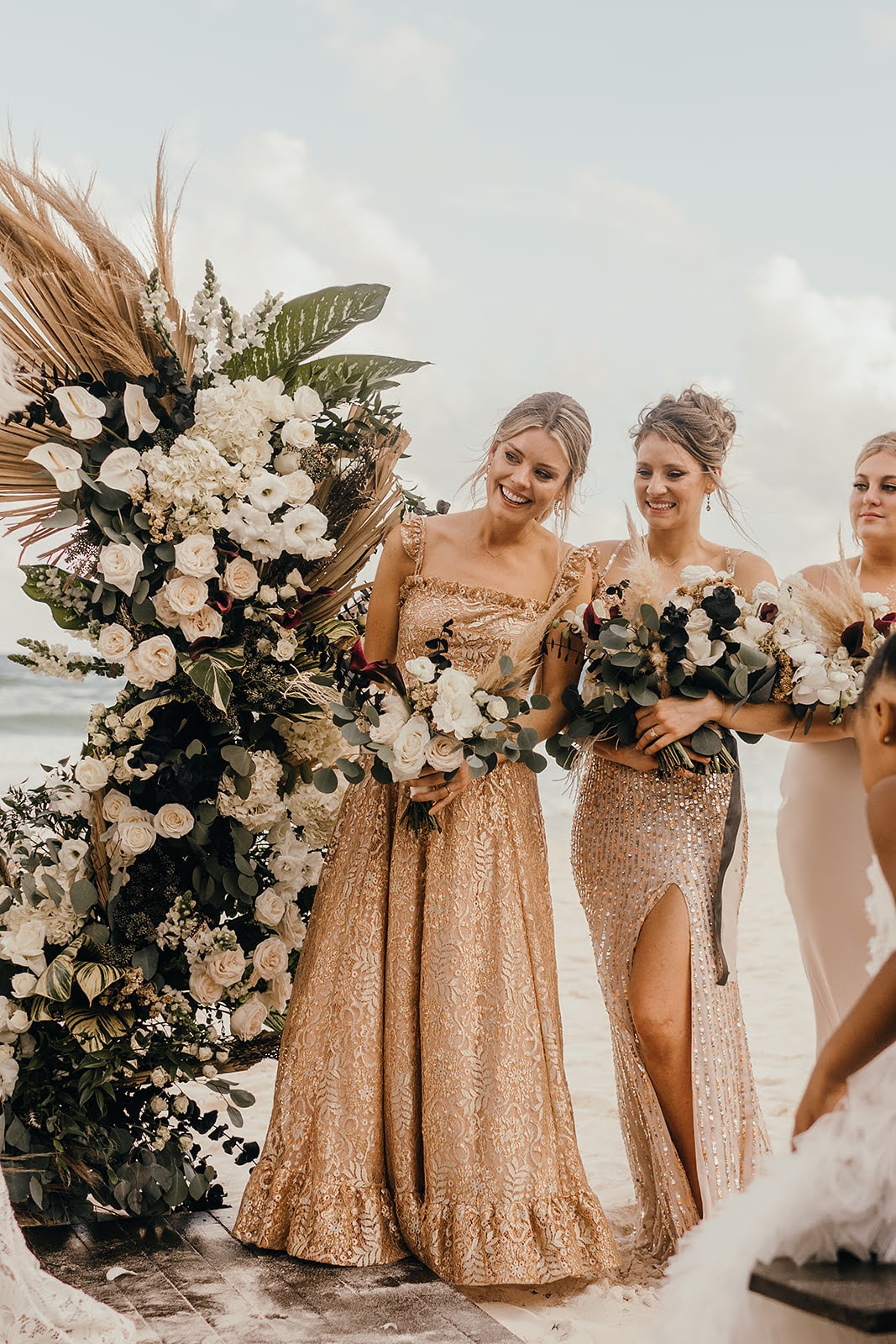 Akiin Tulum Wedding Beach Kape Photography Bridesmaids Gold Cream Dresses Long Mismatched