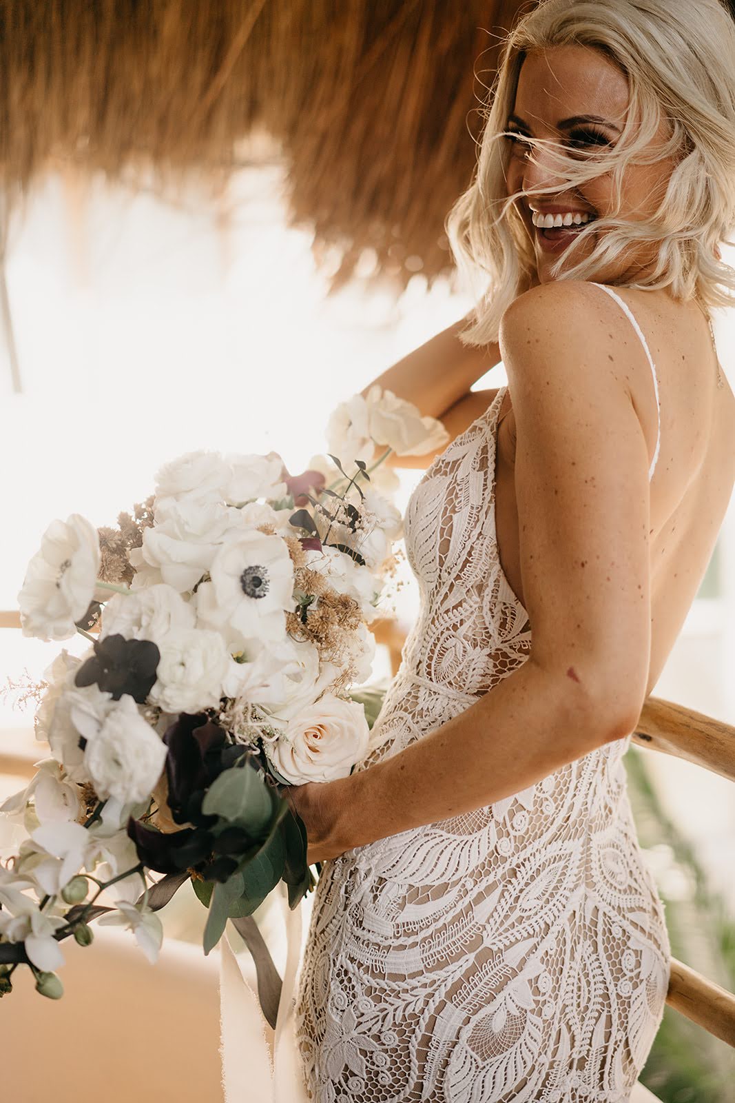 Akiin Tulum Wedding Beach Kape Photography Bouquet Flowers Bridal White Rose Anemone