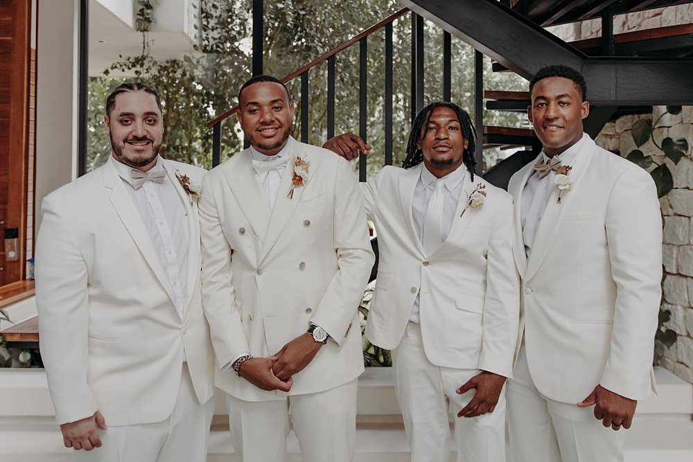Aldea Ka'an Tulum Wedding Bamba Photography Groom Groomsmen White Suit Tux Bow Tie