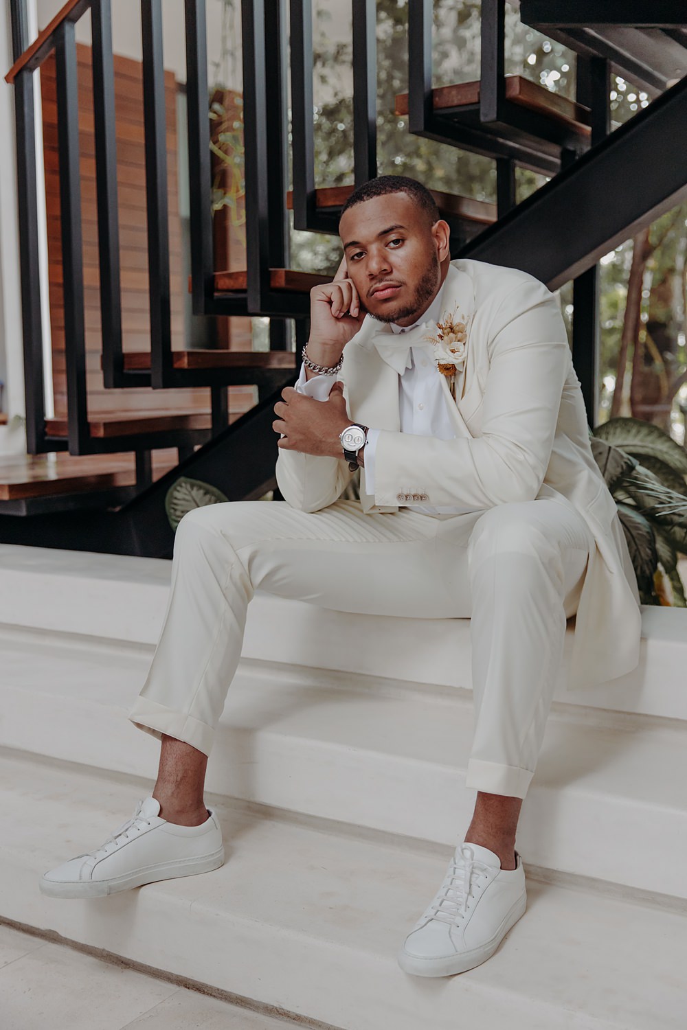 Aldea Ka'an Tulum Wedding Bamba Photography Groom Groomsmen White Suit Tux Bow Tie