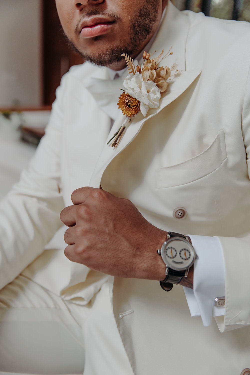 Aldea Ka'an Tulum Wedding Bamba Photography Groom Buttonhole Flowers Rust Cream