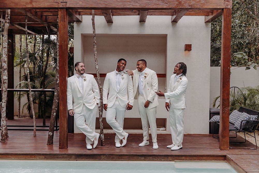 Aldea Ka'an Tulum Wedding Bamba Photography Groom Groomsmen White Suit Tux Bow Tie