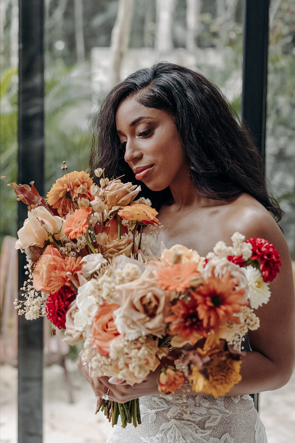 Aldea Ka'an Tulum Wedding Bamba Photography Bouquet Flowers Bride Bridal Pink Orange Red Rose