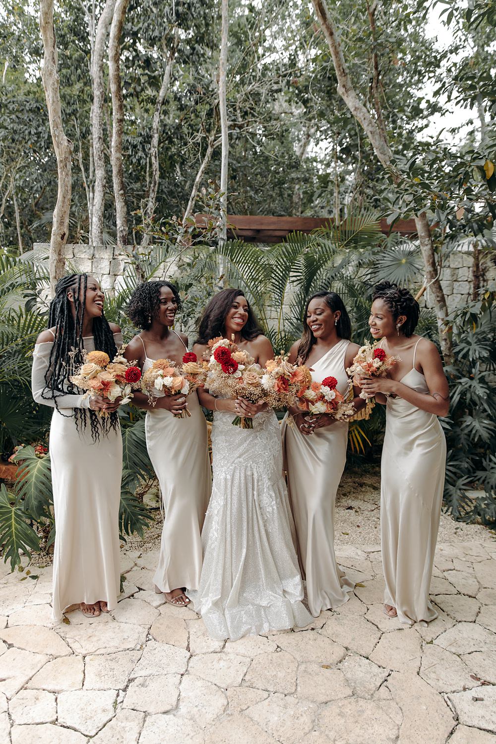 Aldea Ka'an Tulum Wedding Bamba Photography Silver White Satin Long Bridesmaid Dresses