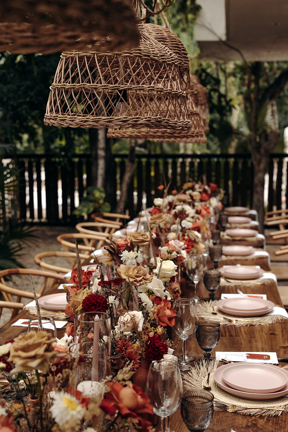 Aldea Ka'an Tulum Wedding Bamba Photography Table Centrepiece Decor Rose Garland Lampshades