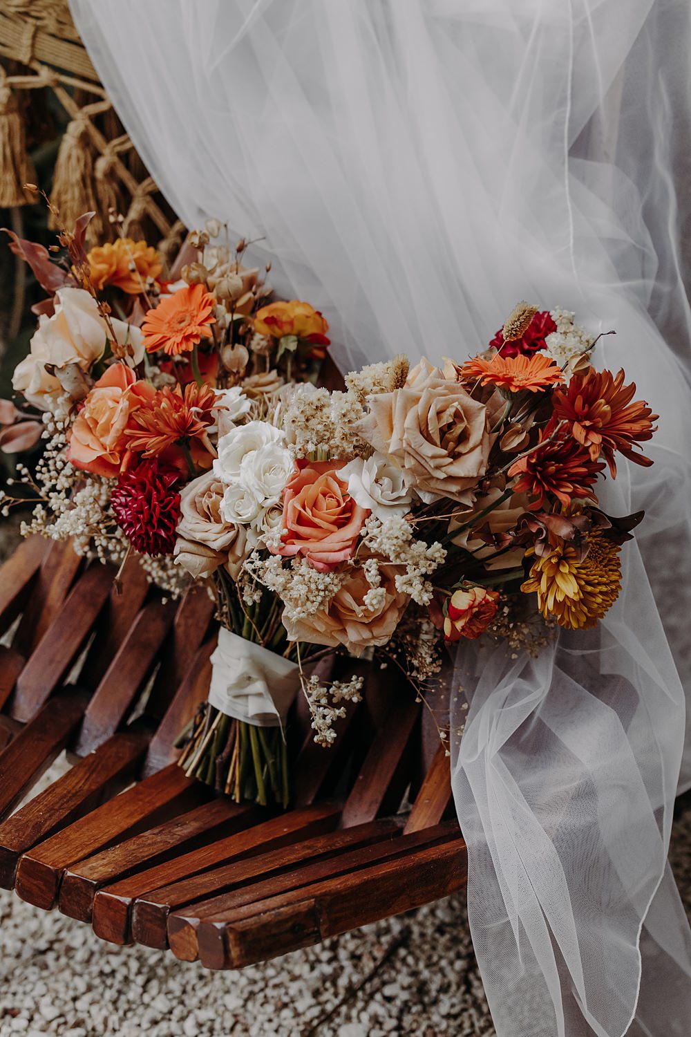 Aldea Ka'an Tulum Wedding Bamba Photography Bouquet Flowers Bride Bridal Pink Orange Red Rose
