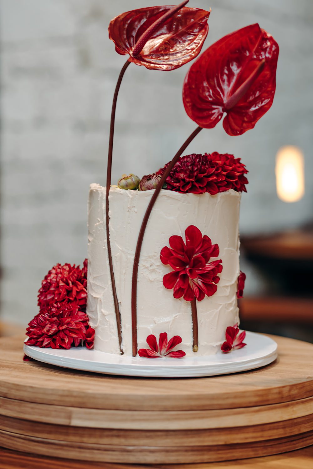 Aldea Ka'an Tulum Wedding Bamba Photography White Iced Single Tier Cake Red Flowers