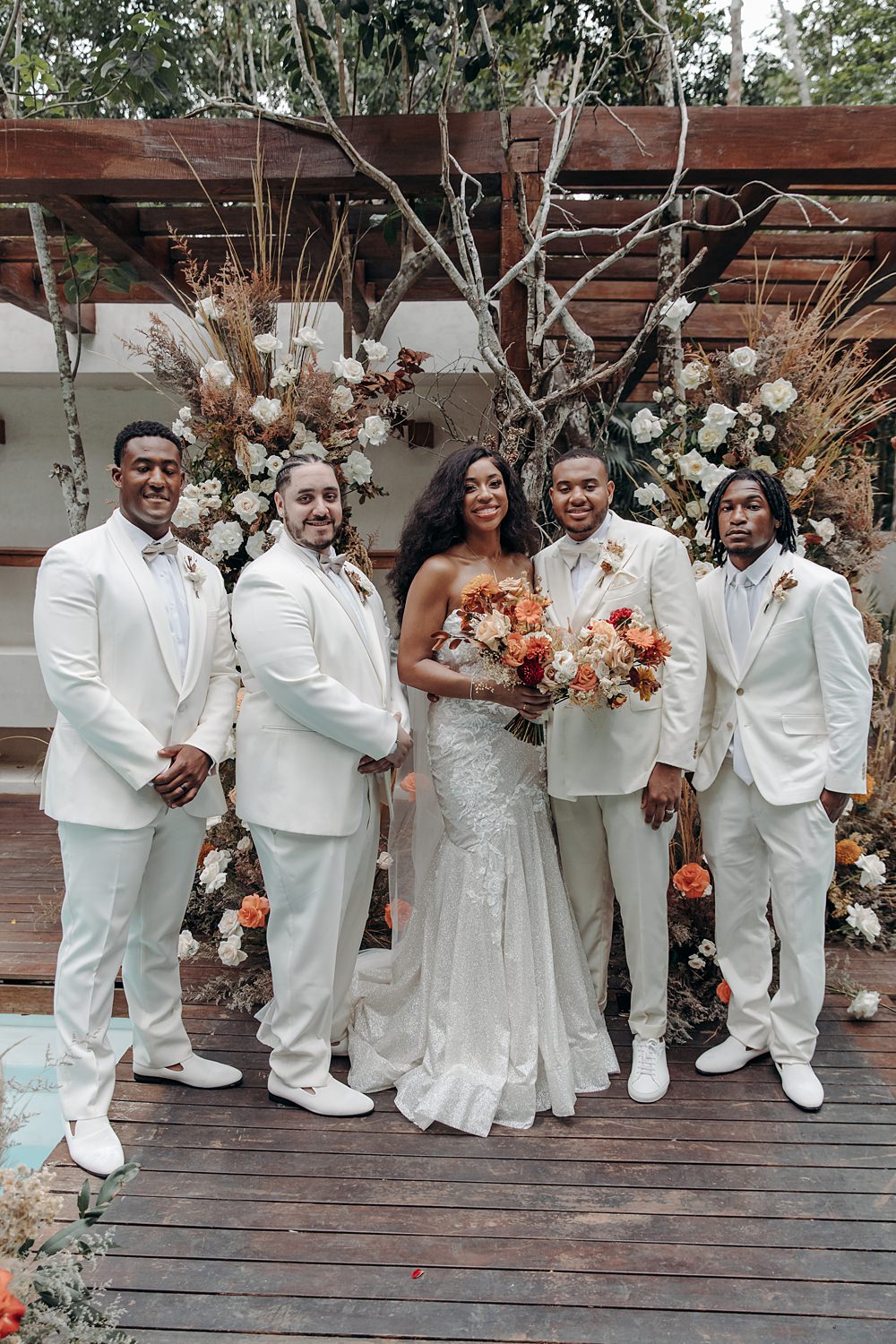 Aldea Ka'an Tulum Wedding Bamba Photography Groom Groomsmen White Suit Tux Bow Tie