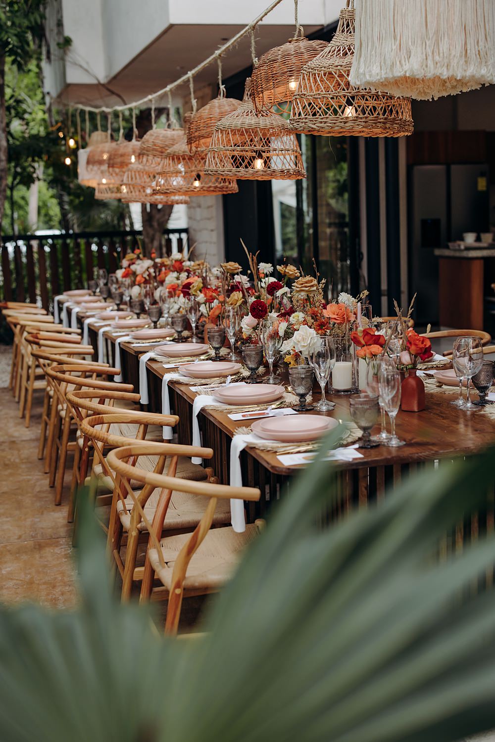 Aldea Ka'an Tulum Wedding Bamba Photography Table Centrepiece Decor Rose Garland Lampshades