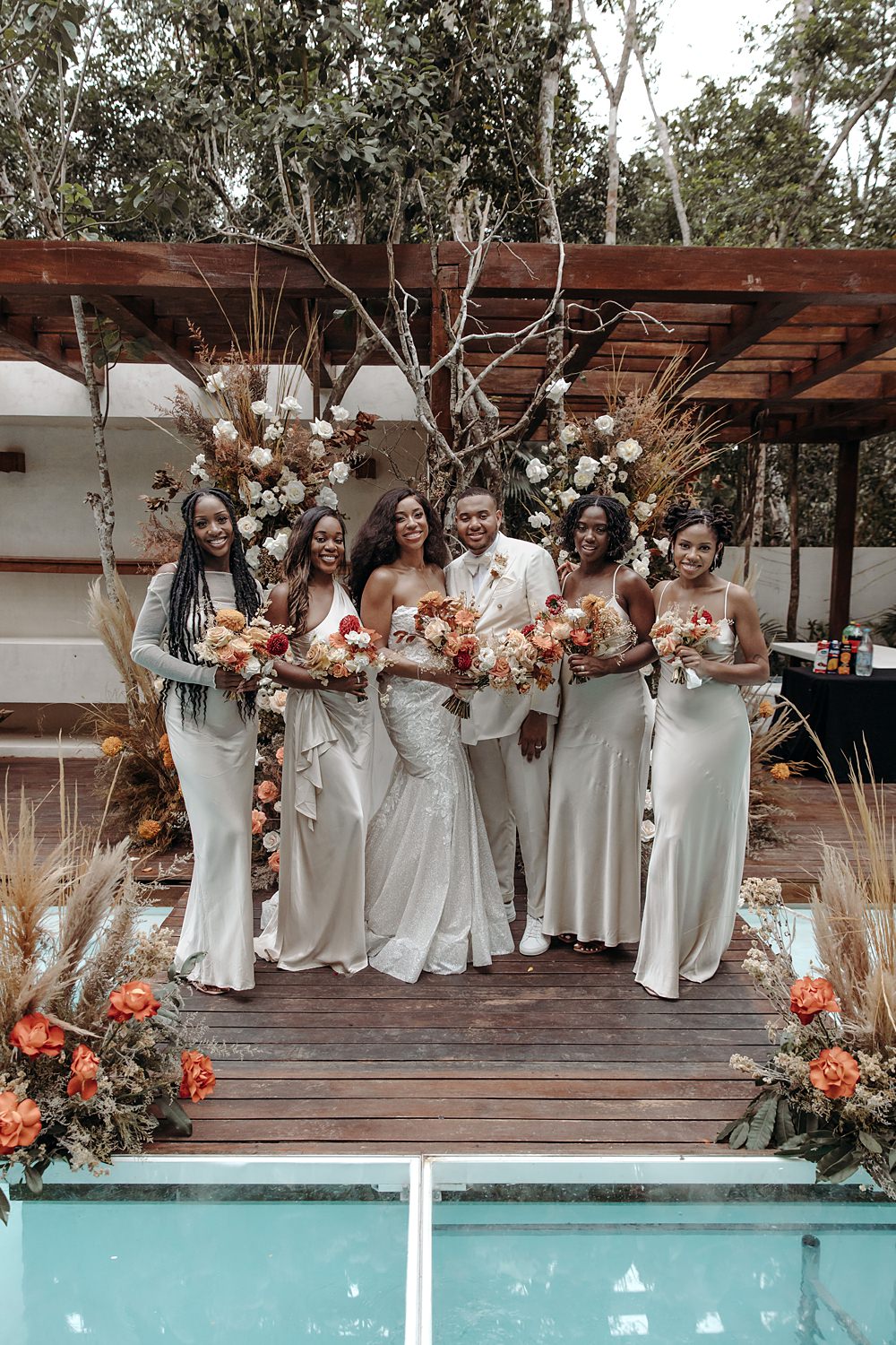 Aldea Ka'an Tulum Wedding Bamba Photography Silver White Satin Long Bridesmaid Dresses