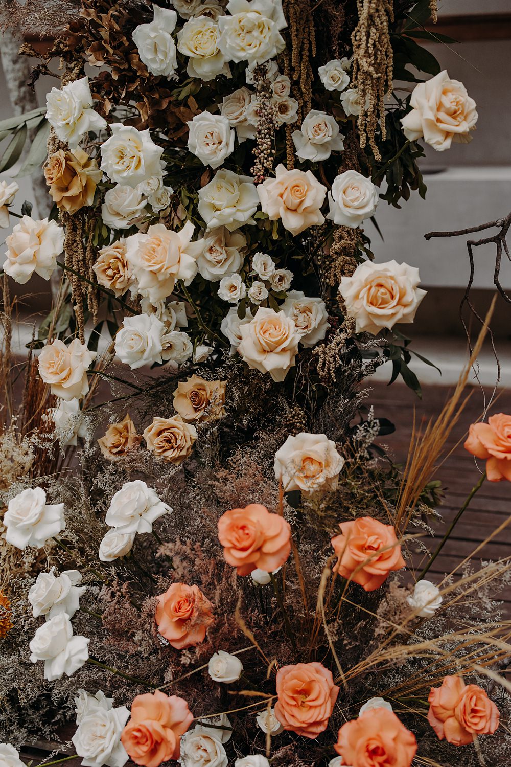 Aldea Ka'an Tulum Wedding Bamba Photography Cream Orange Rose Flower Arrangements