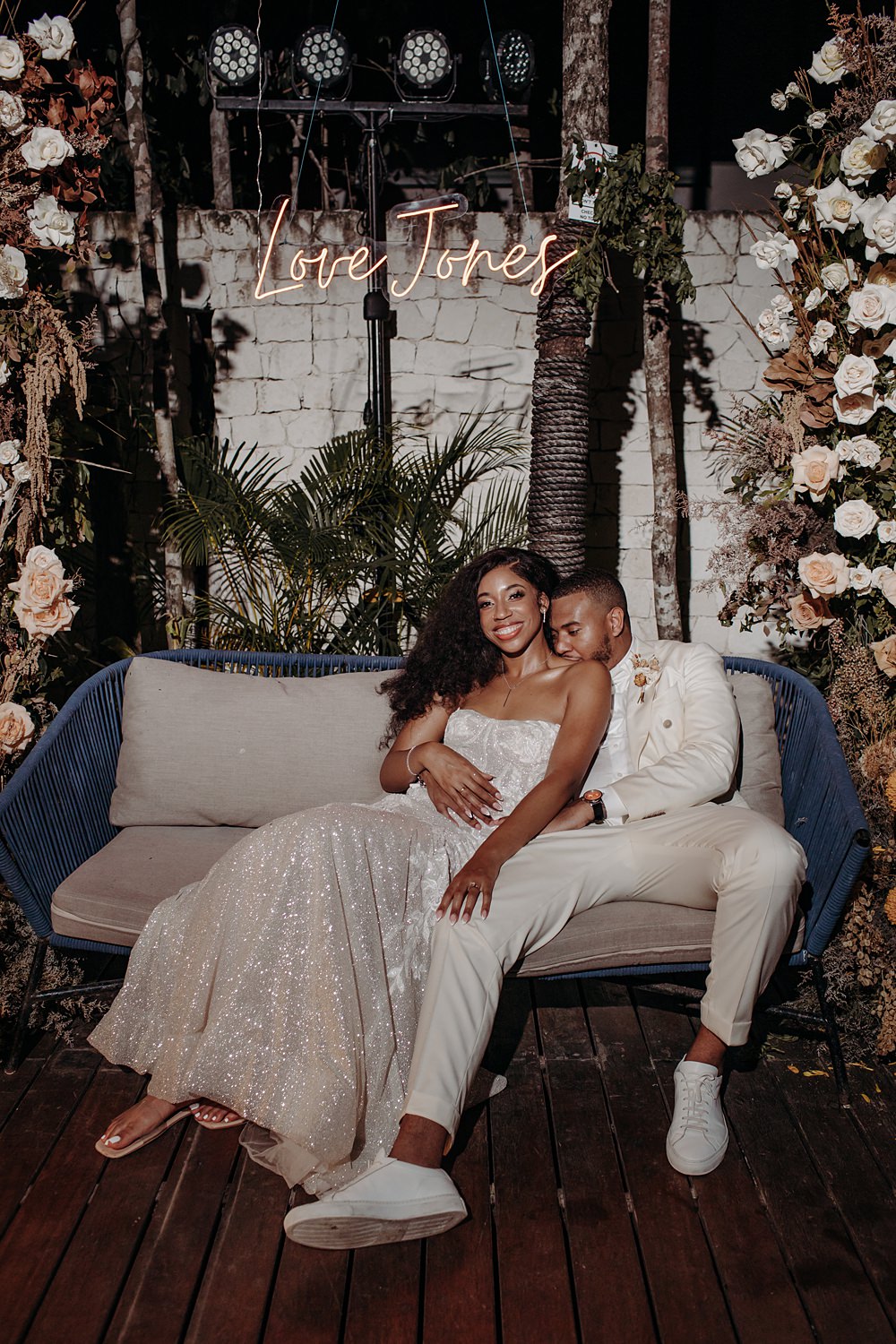 Aldea Ka'an Tulum Wedding Bamba Photography Neon Sign Sofa Backdrop