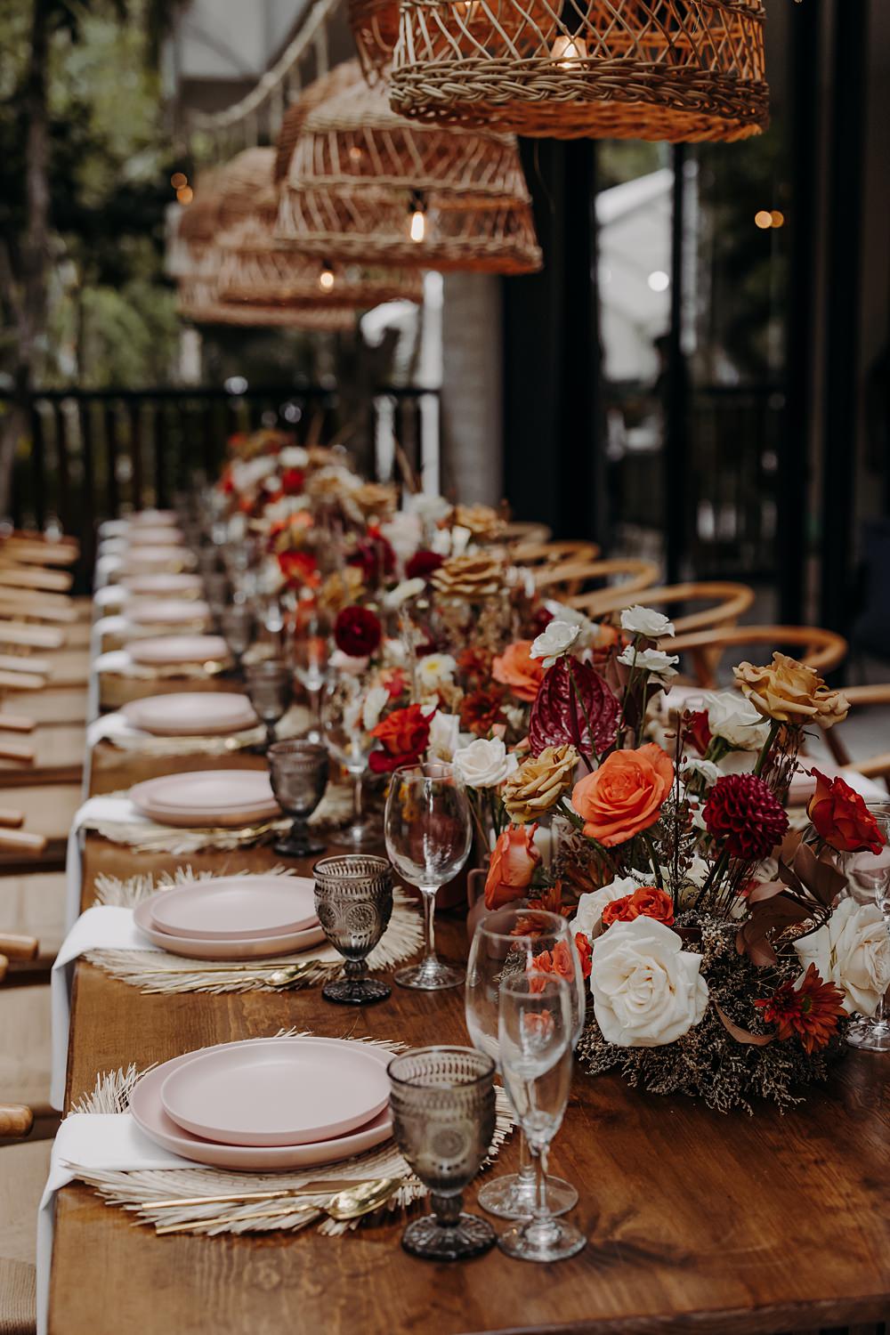 Aldea Ka'an Tulum Wedding Bamba Photography Table Centrepiece Decor Rose Garland Lampshades