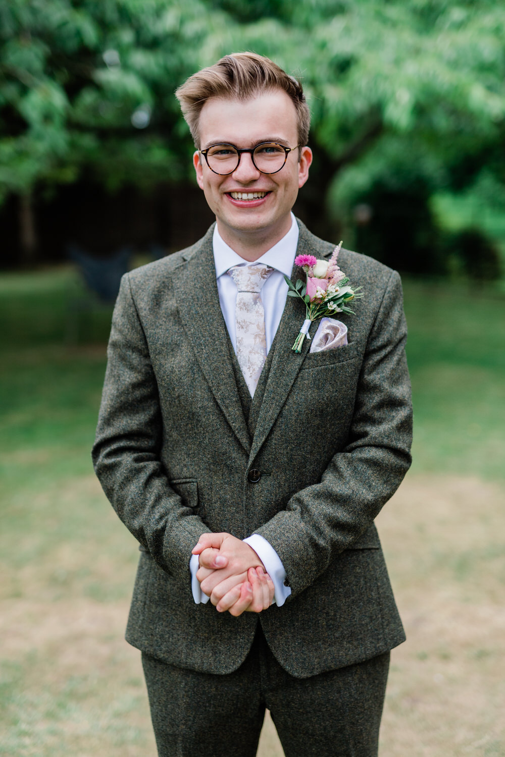 Blake Hall Wedding Gemma Giorgio Photography Grey Suit Groom Pink Tie