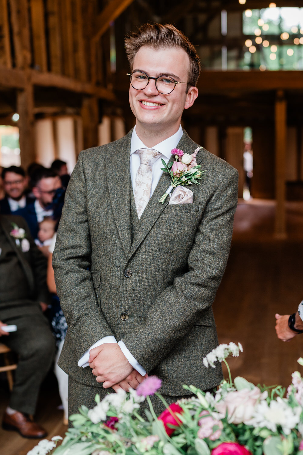 Blake Hall Wedding Gemma Giorgio Photography Grey Suit Groom Pink Tie