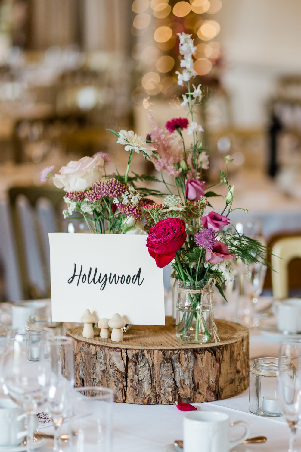 Blake Hall Wedding Gemma Giorgio Photography Centrepiece Log Slice Jar Flowers Table Name Card