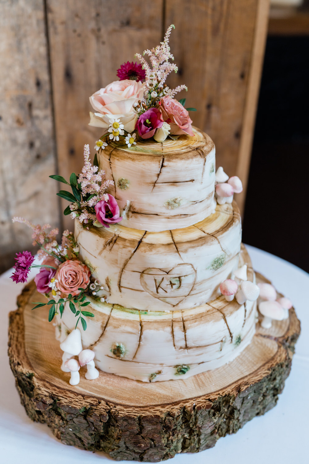 Blake Hall Wedding Gemma Giorgio Photography Log Stump Cake 3 Tier Flowers