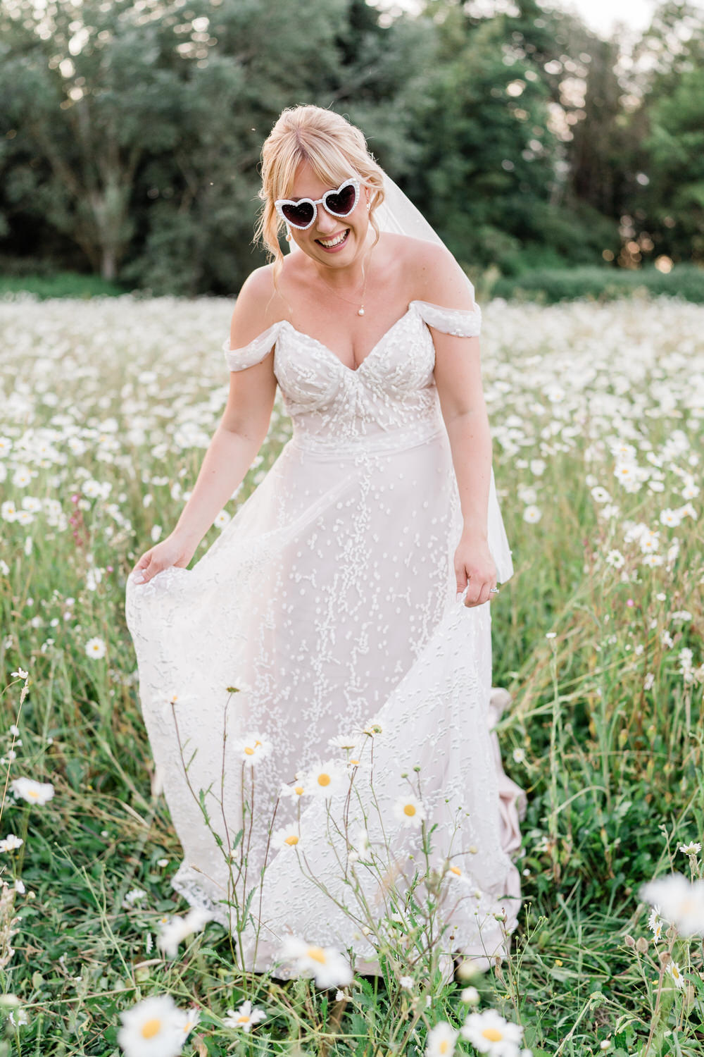 Blake Hall Wedding Gemma Giorgio Photography Made With Love Bridal Off Shoulder Gown Dress Heart Sunglasses