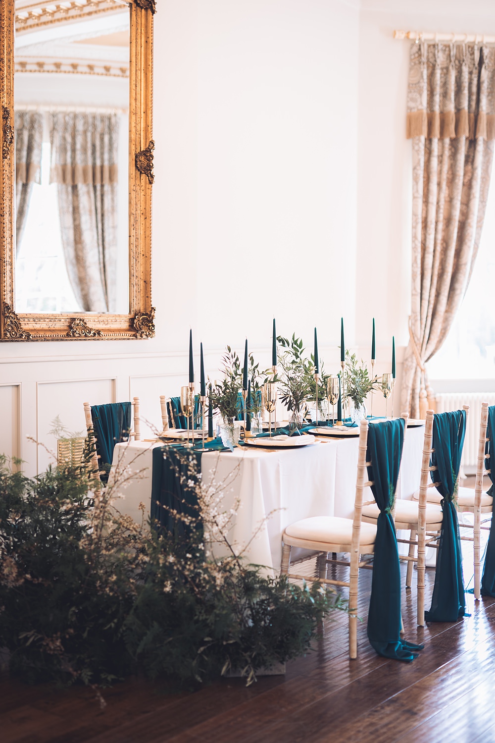 Bourton Hall Wedding Ellie Mac Photography Green Teal Gold Table Decor Candles Runner Greenery