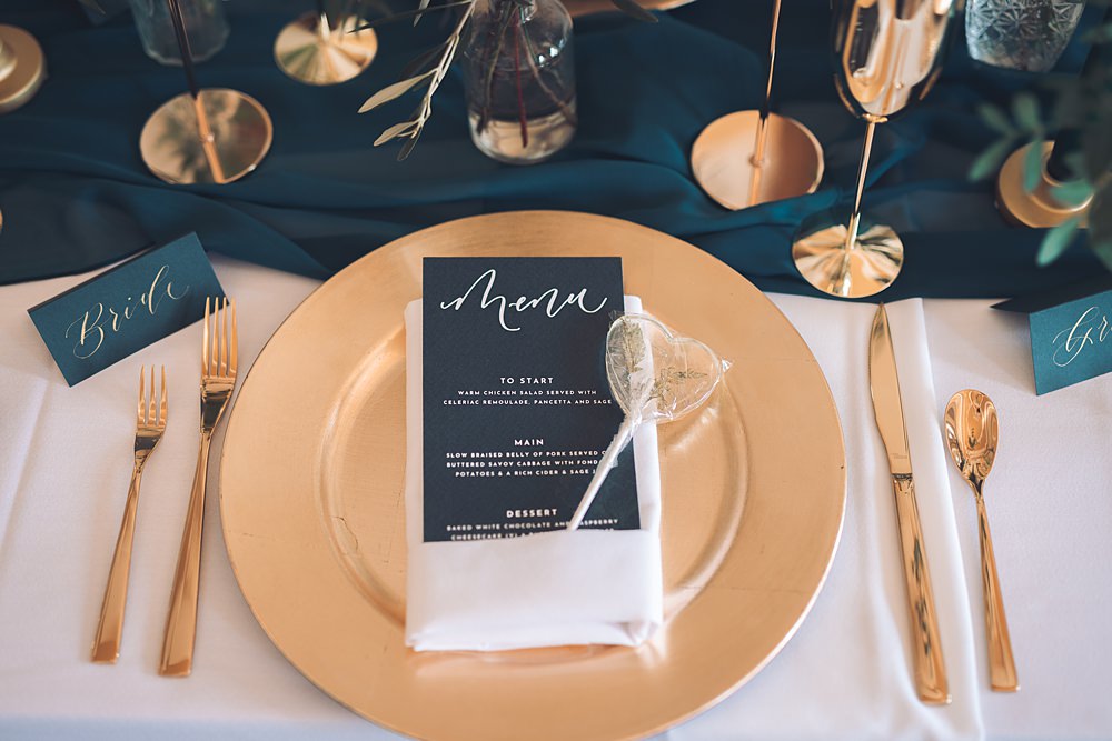 Bourton Hall Wedding Ellie Mac Photography Place Setting Decor Teal Gold