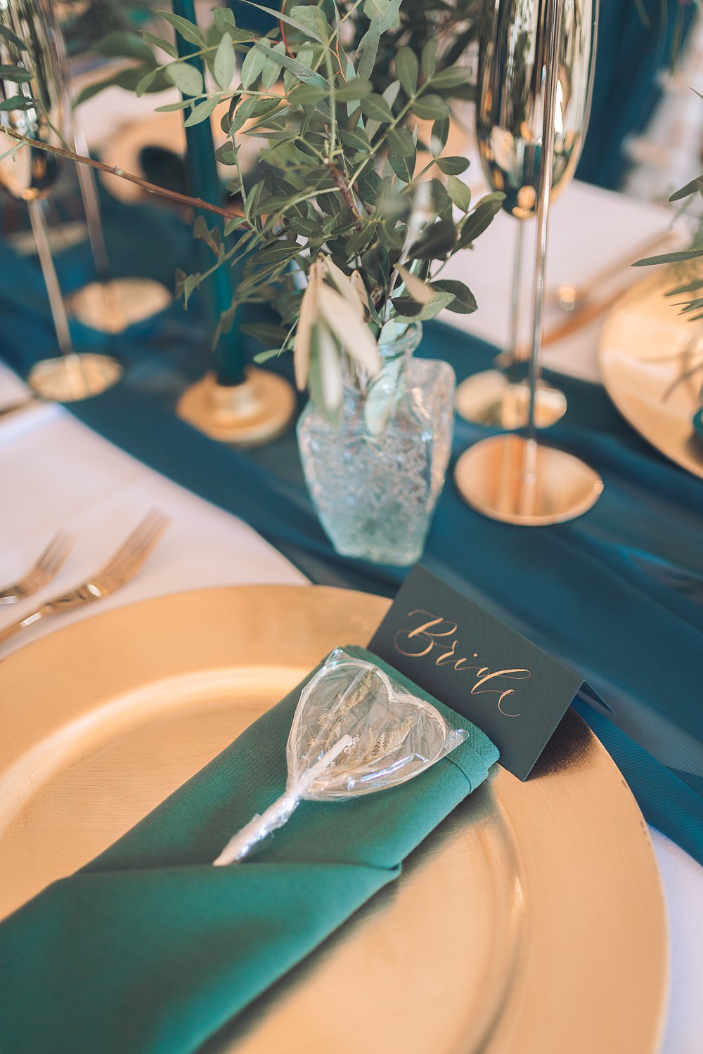 Bourton Hall Wedding Ellie Mac Photography Place Setting Decor Teal Gold Place Name