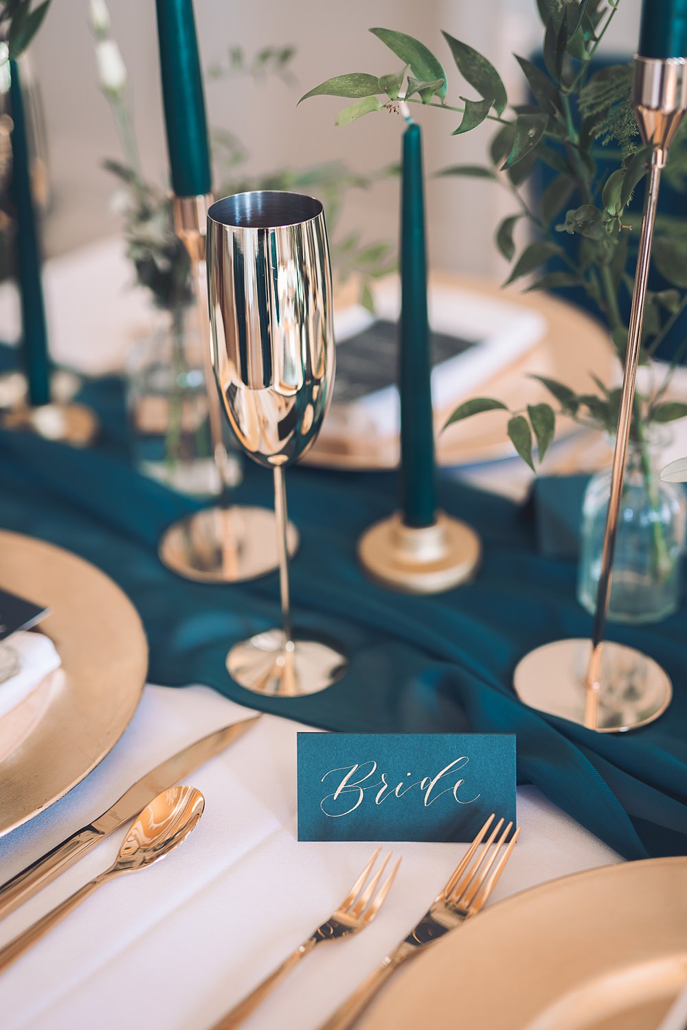 Bourton Hall Wedding Ellie Mac Photography Place Setting Decor Teal Gold Place Name