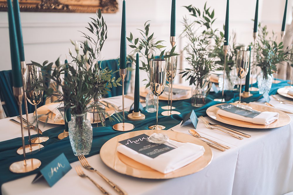 Bourton Hall Wedding Ellie Mac Photography Green Teal Gold Table Decor Candles Runner Greenery