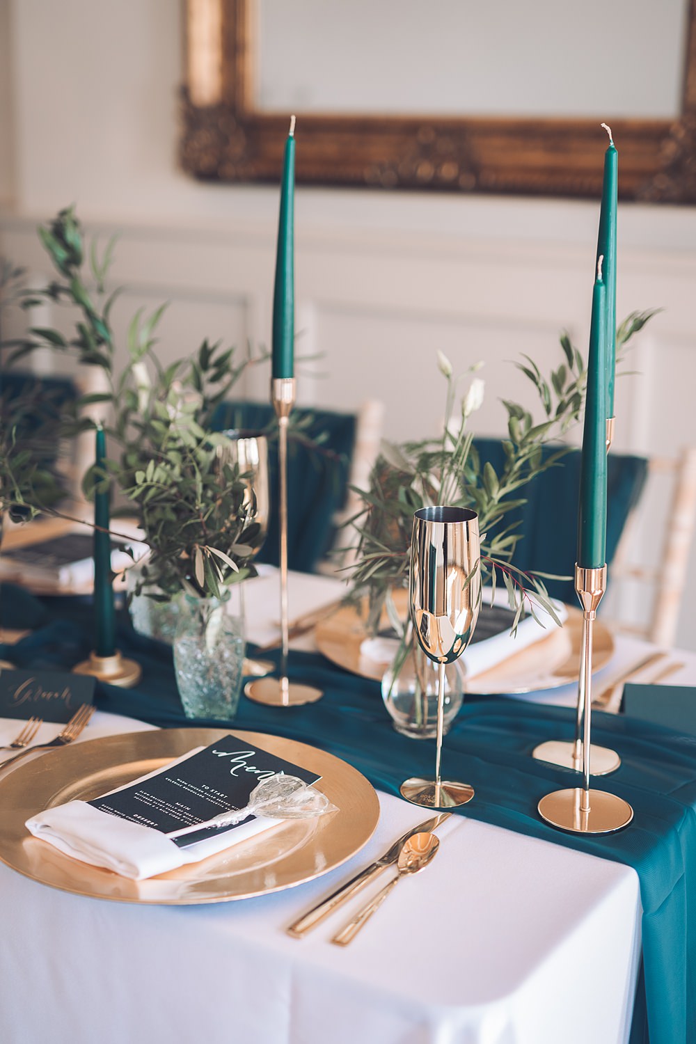 Bourton Hall Wedding Ellie Mac Photography Green Teal Gold Table Decor Candles Runner Greenery